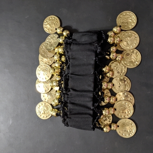 Black Fabric and Gold Tone Coin Stretchy Statement Bracelet - Picture 3 of 4